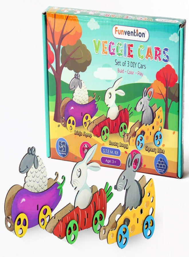 Funvention Veggie Cars (Set of 3 DIY Vegetables Shaped Cars) Build, Color & Play DIY Puzzle Toy Cars for Kids Art & Craft Toy - Image 1